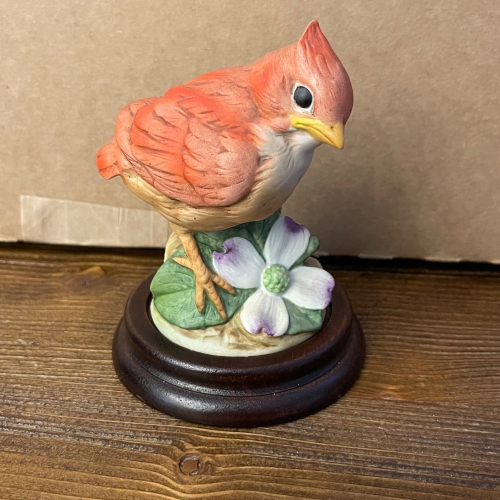 Vintage Andrea by Sadek Baby Cardinal Figurine 6350 Japan Dogwood Wood Base